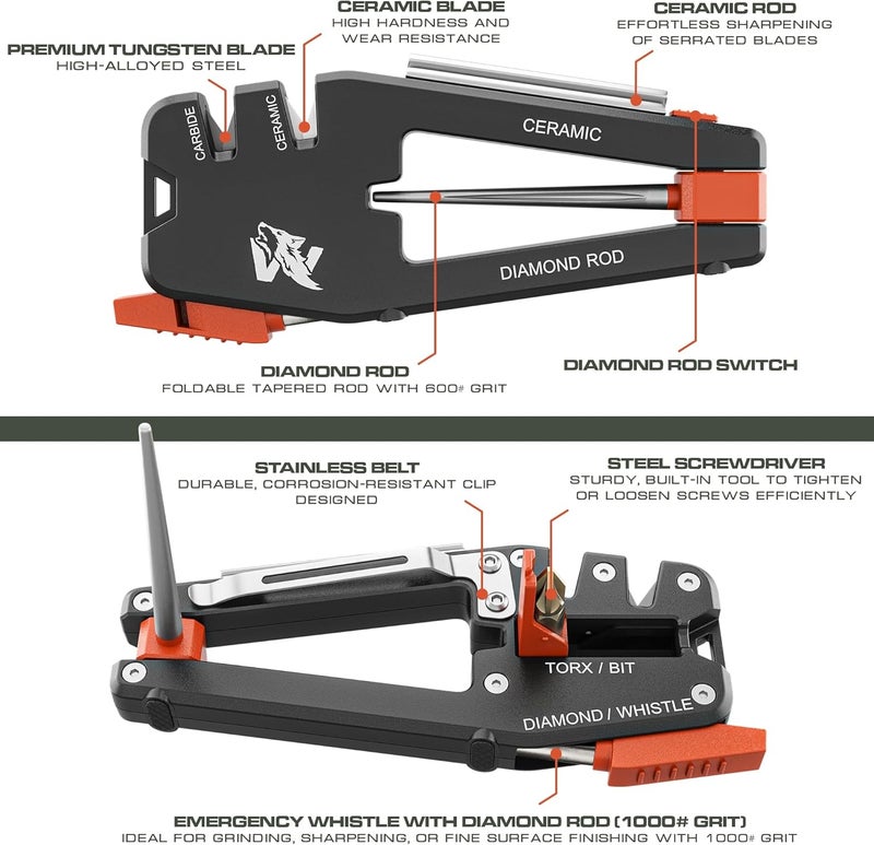 ODENWOLF Blade Professor - Pocket Knife Sharpener - 7 in 1 Portable Handheld Tool with Tungsten Ceramic and Diamond Rods - Compact Portable Knife Sharpener for Hunting, Camping and EDC - Image 3